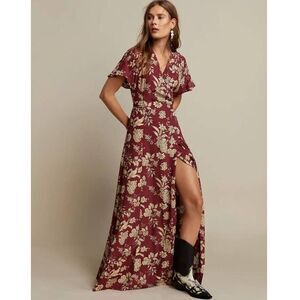 Mango Side Split Floral Print Wrap Style Viscose Maroon Dress